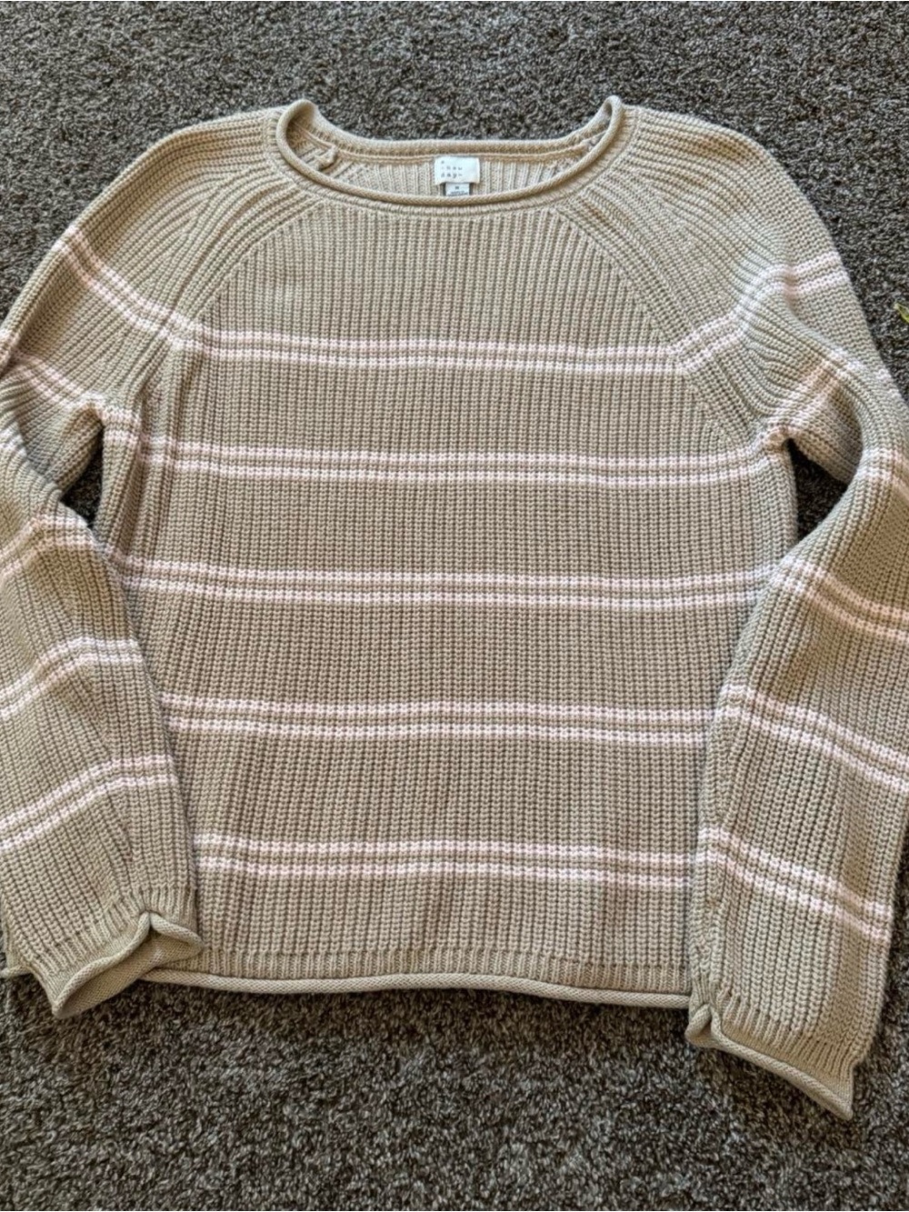 a new day Beige Crewneck Sweater with White Stripes